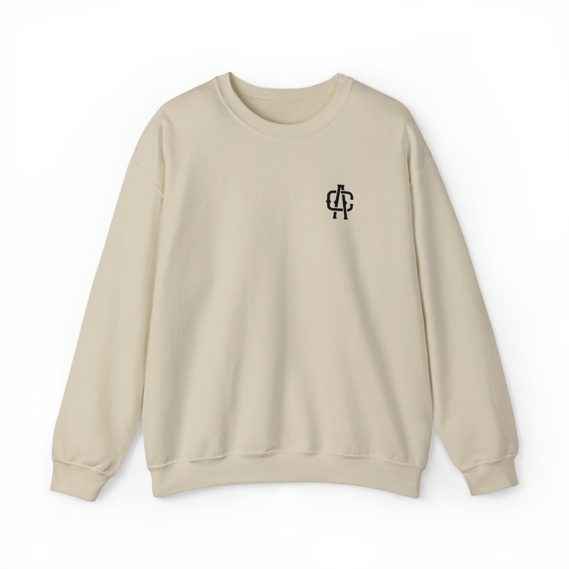Sand-colored heavy blend crewneck sweatshirt with a black monogram logo on the left chest.