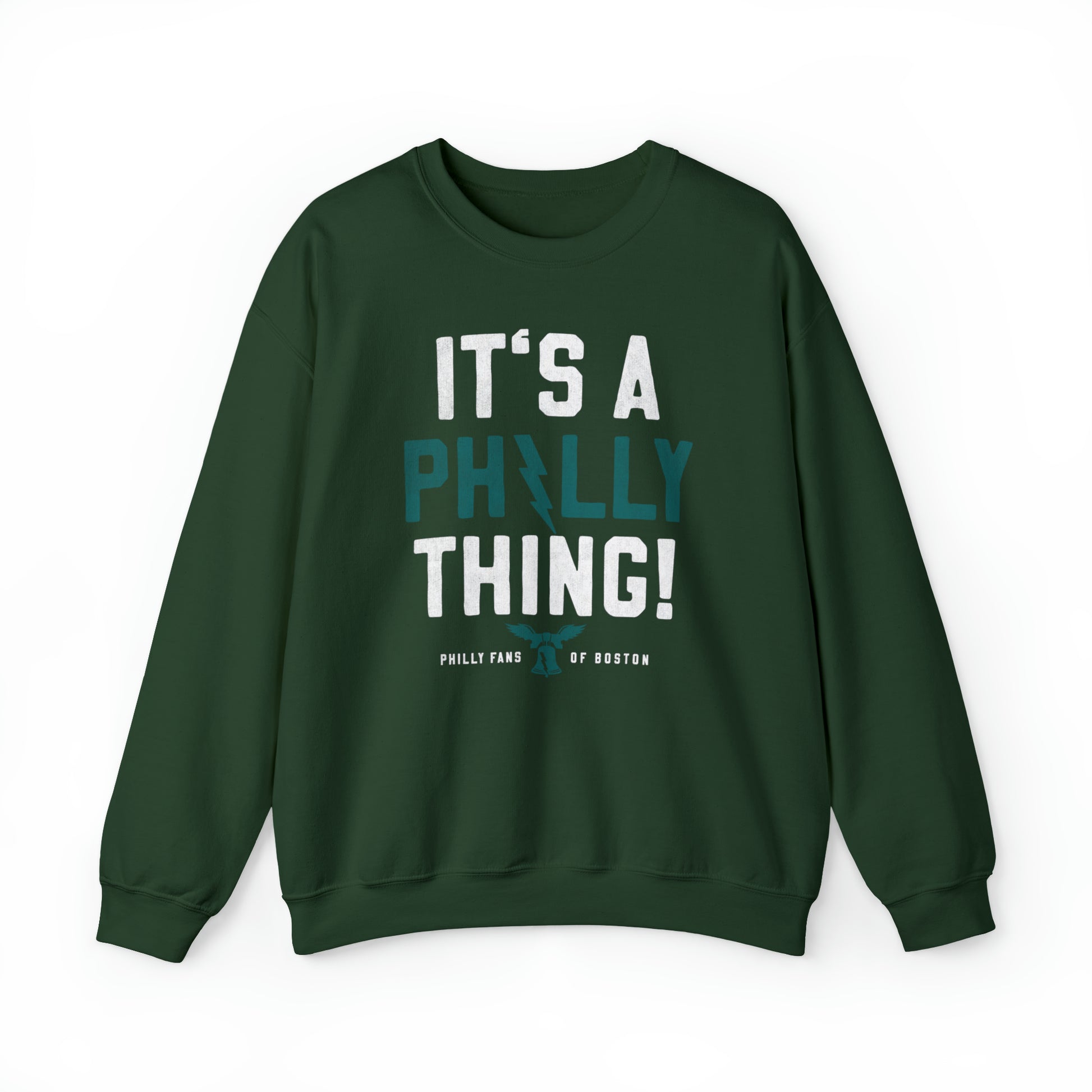 Forest green unisex crewneck sweatshirt featuring white and teal It's a Philly Thing text with a liberty bell graphic.