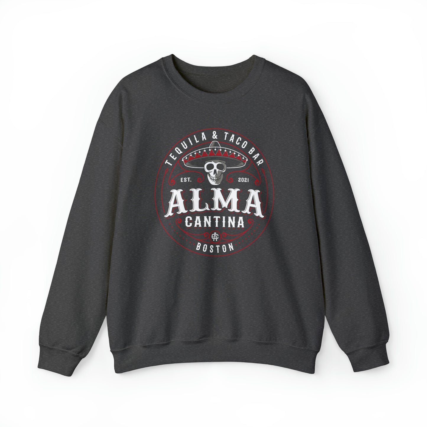 Dark gray unisex crewneck sweatshirt featuring a white and red Alma Cantina skull and sombrero graphic print.