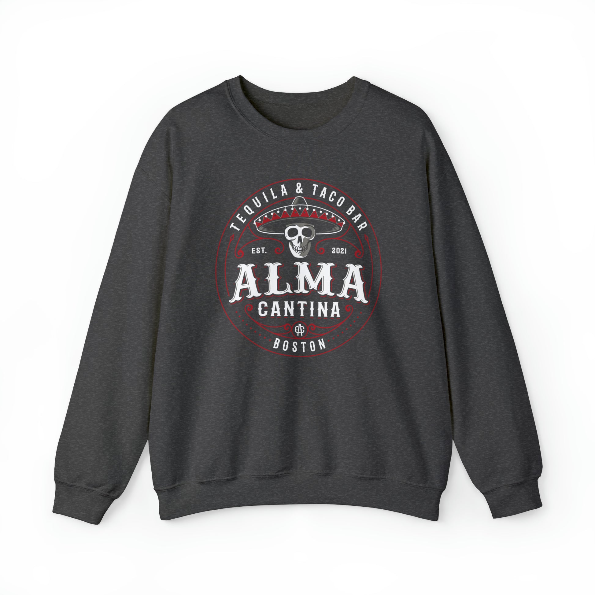 Dark gray unisex crewneck sweatshirt featuring a white and red Alma Cantina skull and sombrero graphic print.