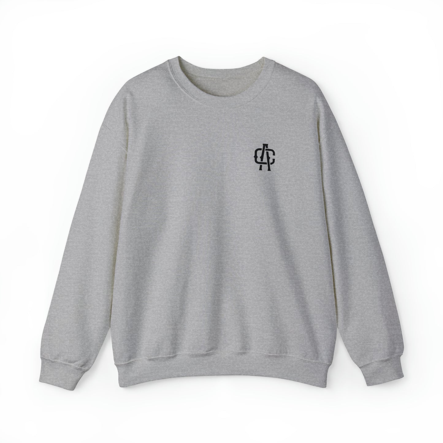 Grey heavy blend crewneck sweatshirt with a ribbed collar and small black logo on the left chest.