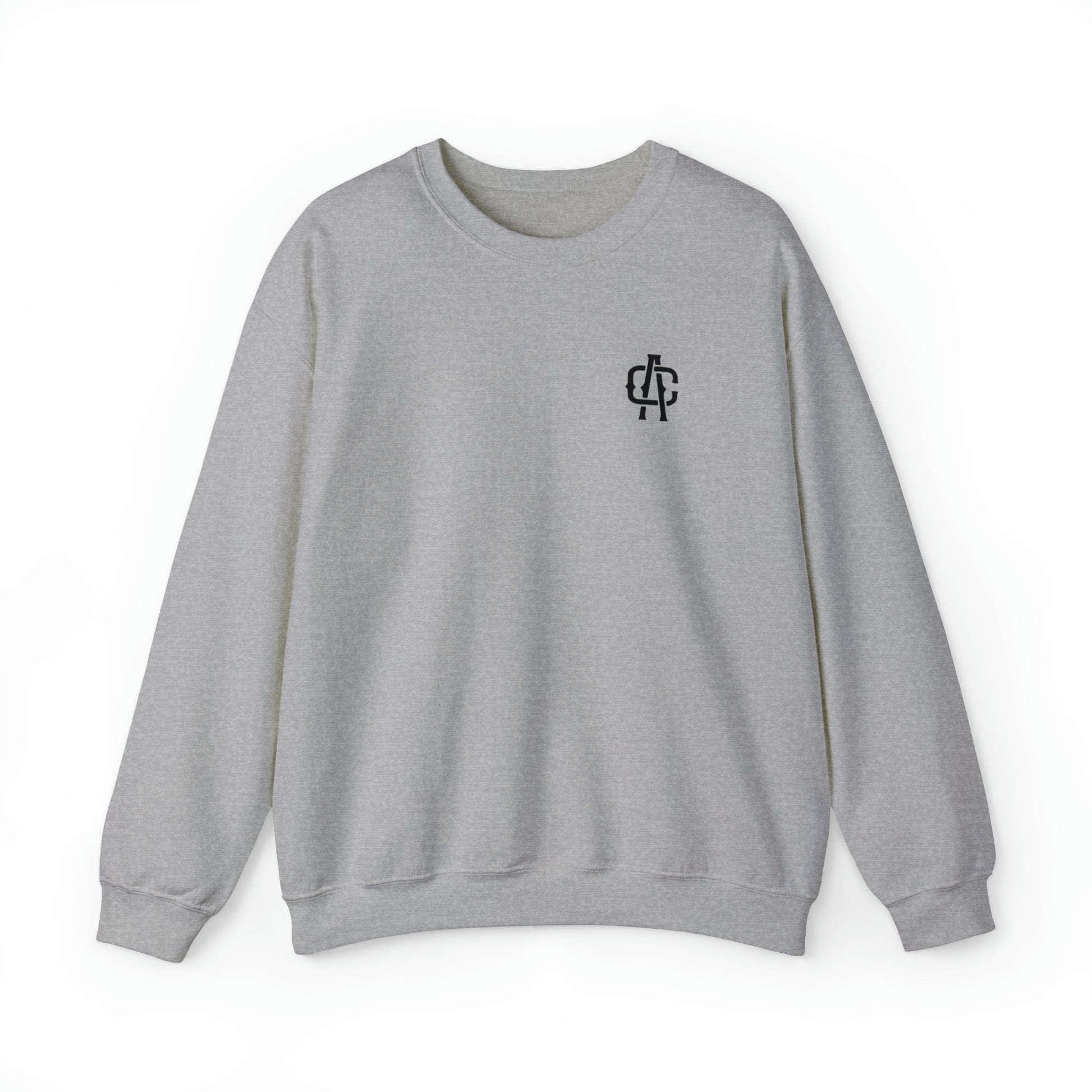 Grey heavy blend crewneck sweatshirt with a ribbed collar and small black logo on the left chest.