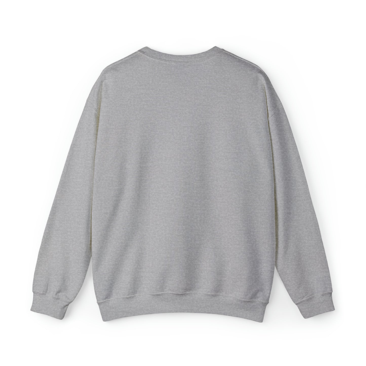 Back view of a grey unisex heavy blend crewneck sweatshirt with a loose fit and ribbed knit collar.