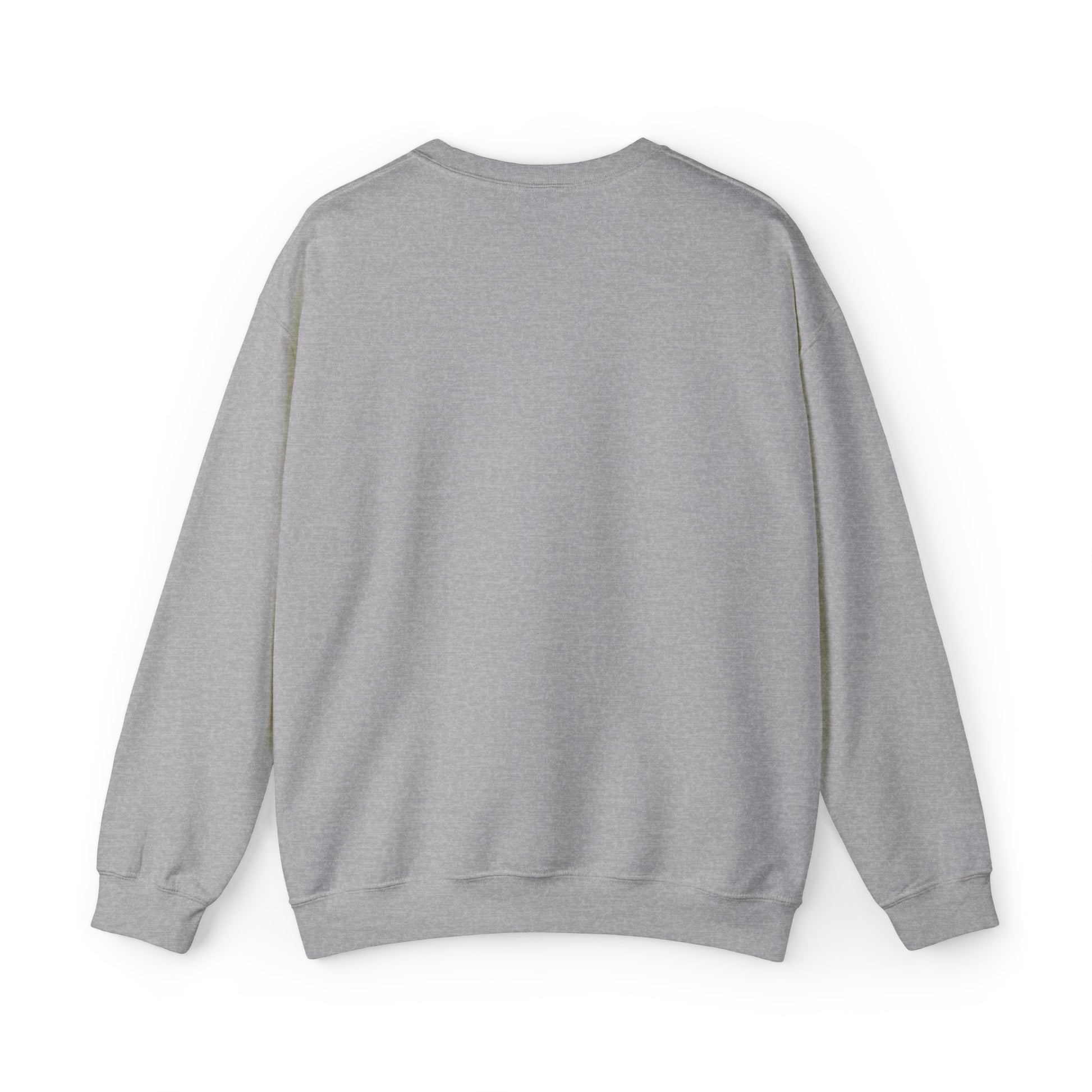 Back view of a grey unisex heavy blend crewneck sweatshirt with a loose fit and ribbed knit collar.