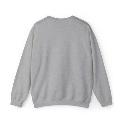 Back view of a grey unisex heavy blend crewneck sweatshirt with a loose fit and ribbed knit collar.