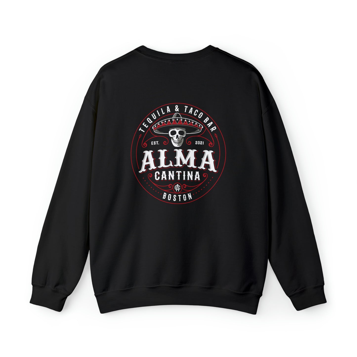 Black unisex crewneck sweatshirt featuring a circular Alma Cantina skull and sombrero graphic on the back.