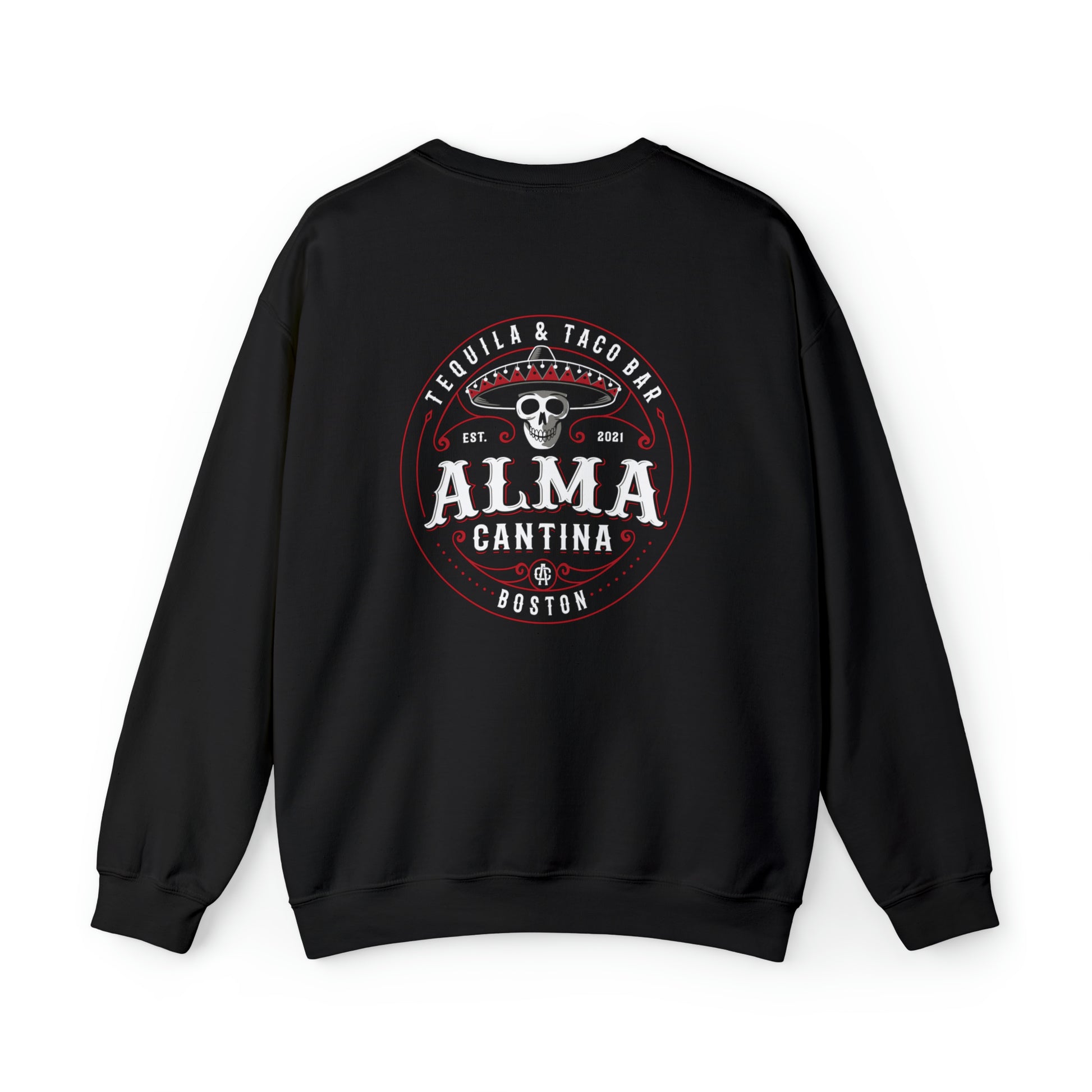 Black unisex crewneck sweatshirt featuring a circular Alma Cantina skull and sombrero graphic on the back.