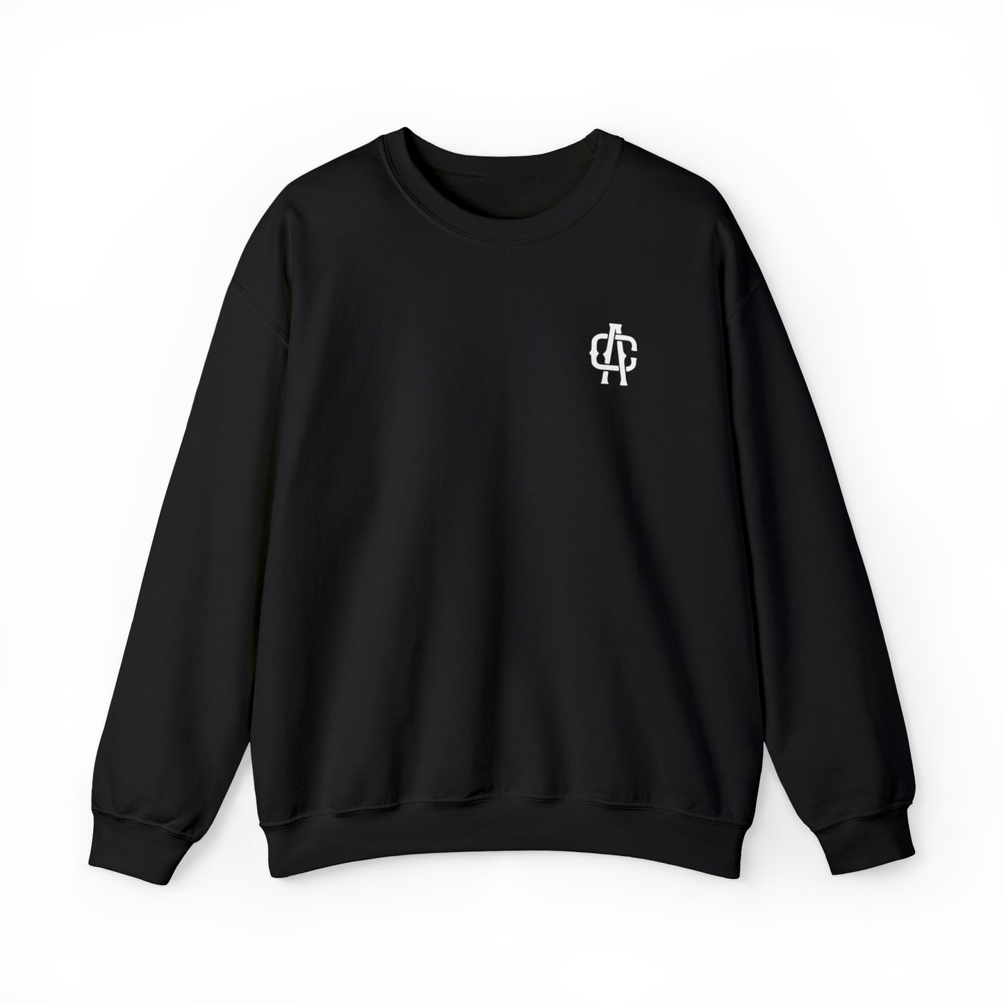 Black heavy blend crewneck sweatshirt with a white AC logo on the chest, featuring a ribbed knit collar and loose fit.