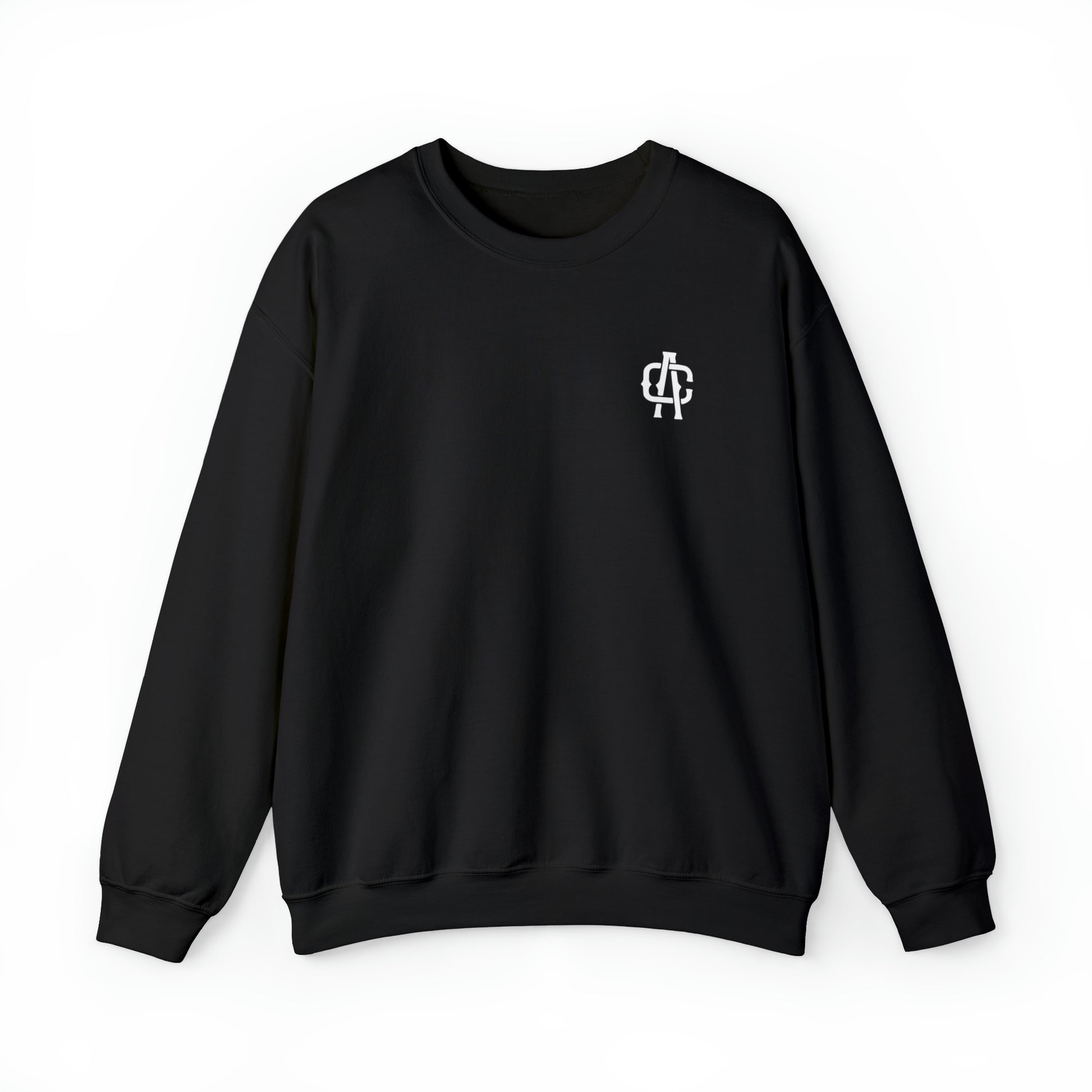 Black heavy blend crewneck sweatshirt with a white AC logo on the chest, featuring a ribbed knit collar and loose fit.