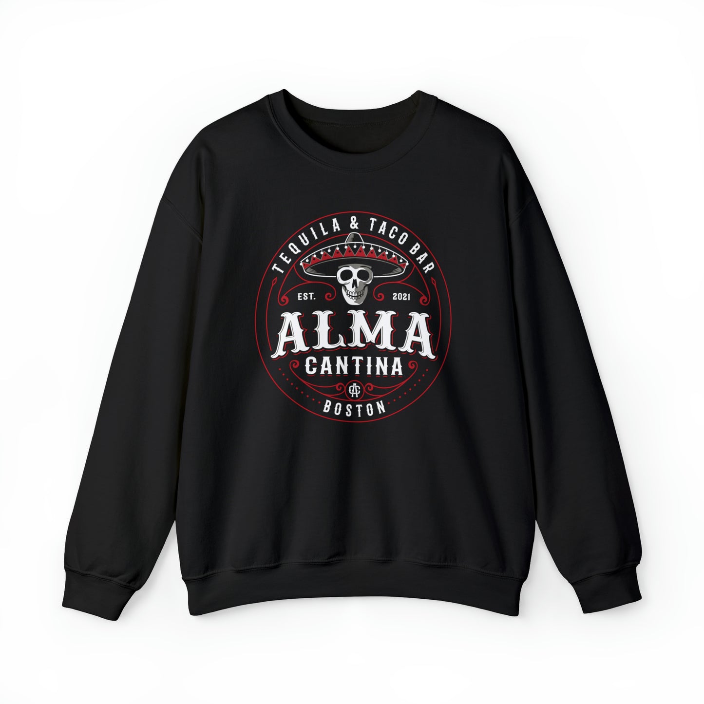 Black crewneck sweatshirt featuring a white and red Alma Cantina skull and sombrero graphic on the chest.