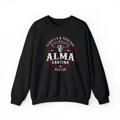 Black crewneck sweatshirt featuring a white and red Alma Cantina skull and sombrero graphic on the chest.