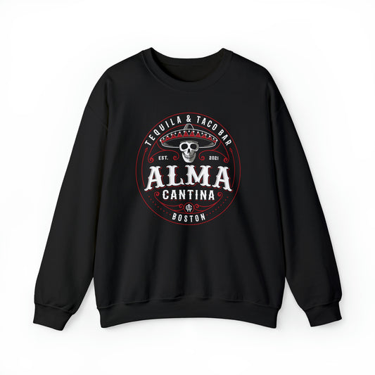 Black crewneck sweatshirt featuring a white and red Alma Cantina skull and sombrero graphic on the chest.