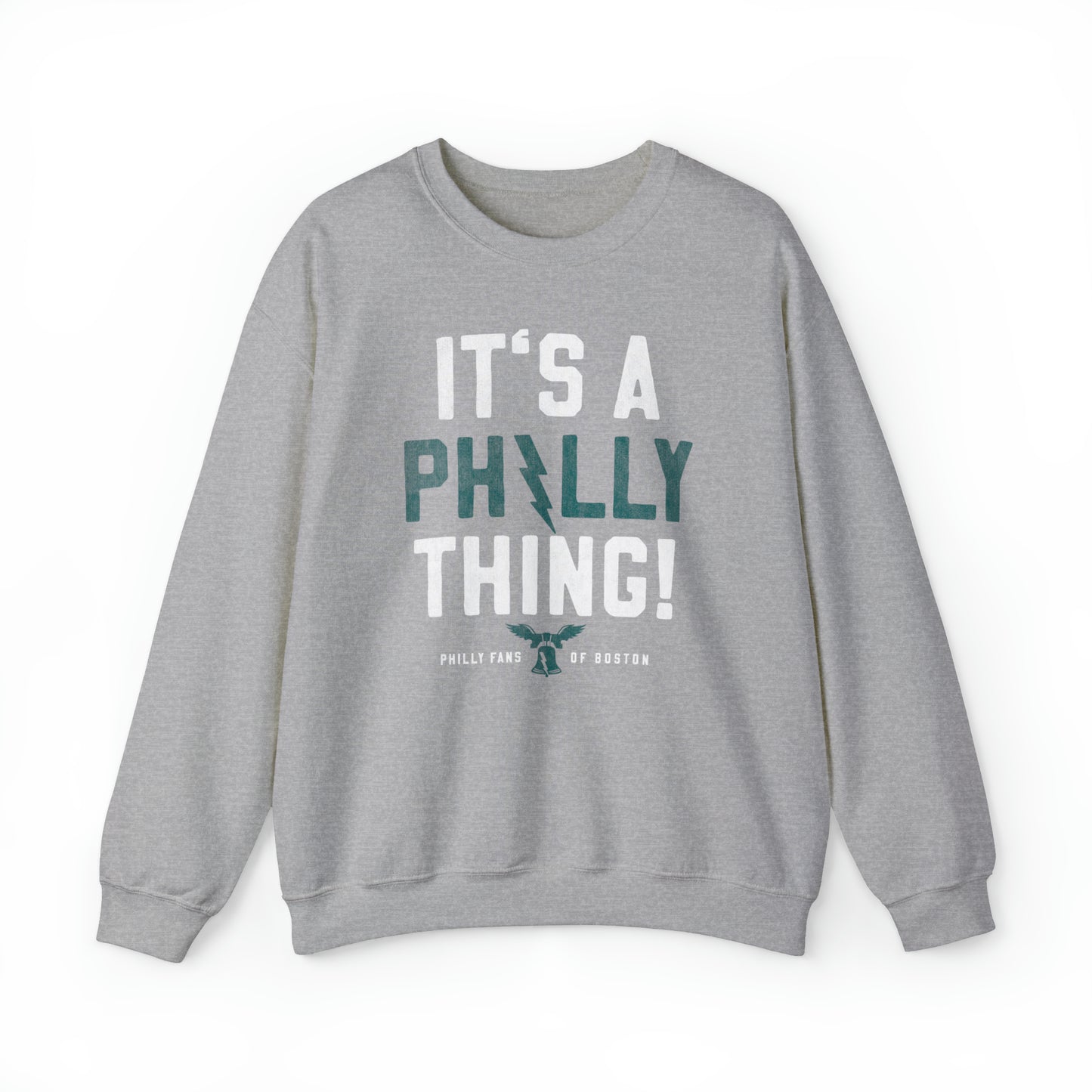 Grey heavy blend crewneck sweatshirt featuring It's A Philly Thing text with a liberty bell and lightning bolt design.