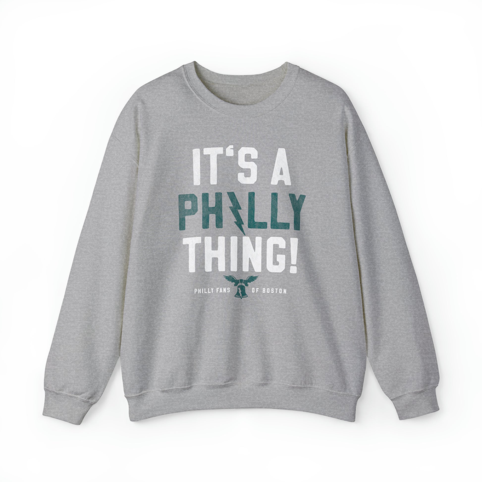 Grey heavy blend crewneck sweatshirt featuring It's A Philly Thing text with a liberty bell and lightning bolt design.