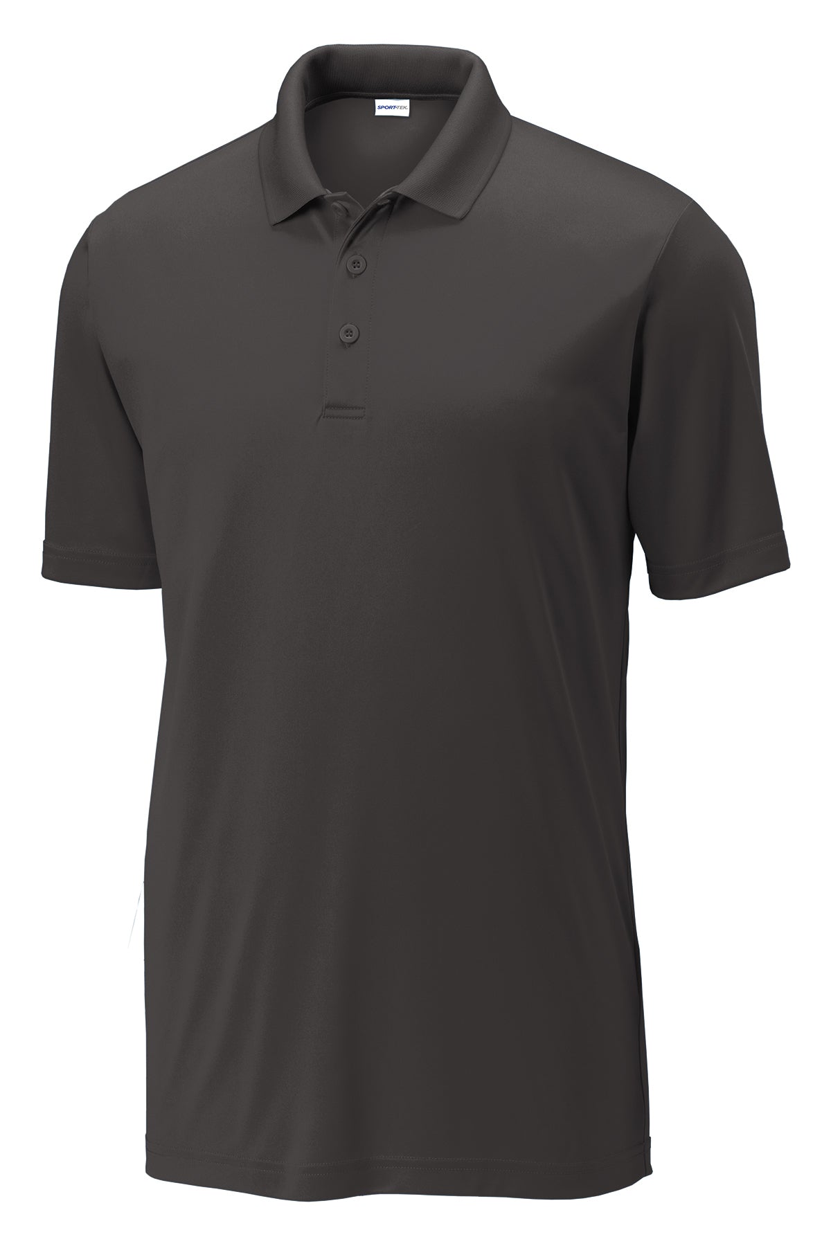 Dark grey moisture-wicking PosiCharge polo shirt with a flat knit collar and three-button placket.