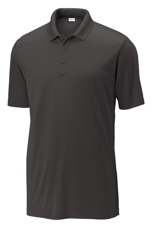 Dark grey moisture-wicking PosiCharge polo shirt with a flat knit collar and three-button placket.