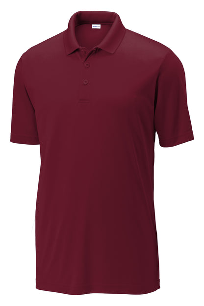 Maroon moisture-wicking men's polo shirt with a flat knit collar, three-button placket, and short open hem sleeves.