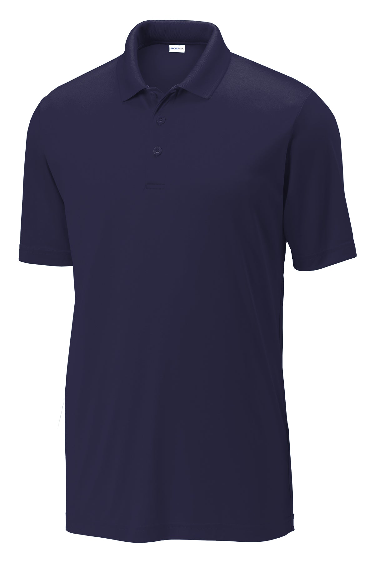 Navy blue moisture-wicking men's polo shirt with a flat knit collar, three-button placket, and short sleeves.