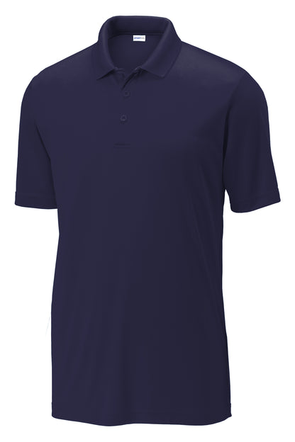 Navy blue moisture-wicking men's polo shirt with a flat knit collar, three-button placket, and short sleeves.