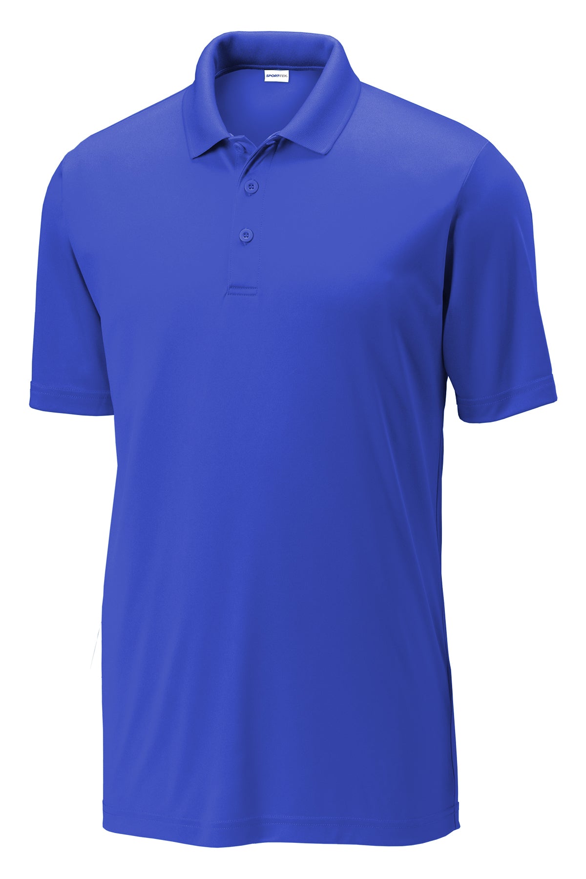 Royal blue moisture-wicking polo shirt with a flat knit collar, three-button placket, and short open hem sleeves.