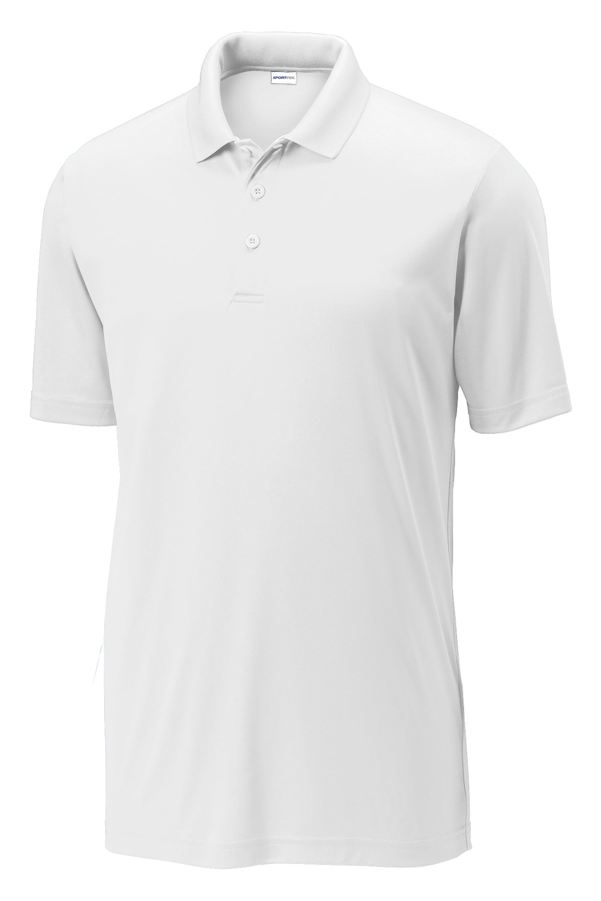 White moisture-wicking men's polo shirt featuring a flat knit collar and three-button placket in polyester interlock.