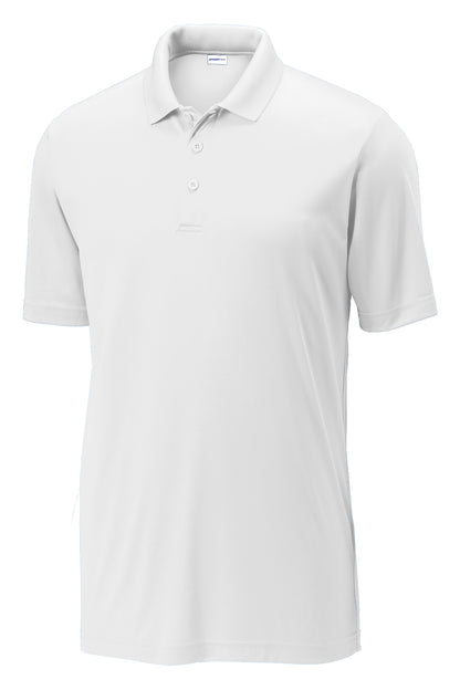 White moisture-wicking men's polo shirt featuring a flat knit collar and three-button placket in polyester interlock.