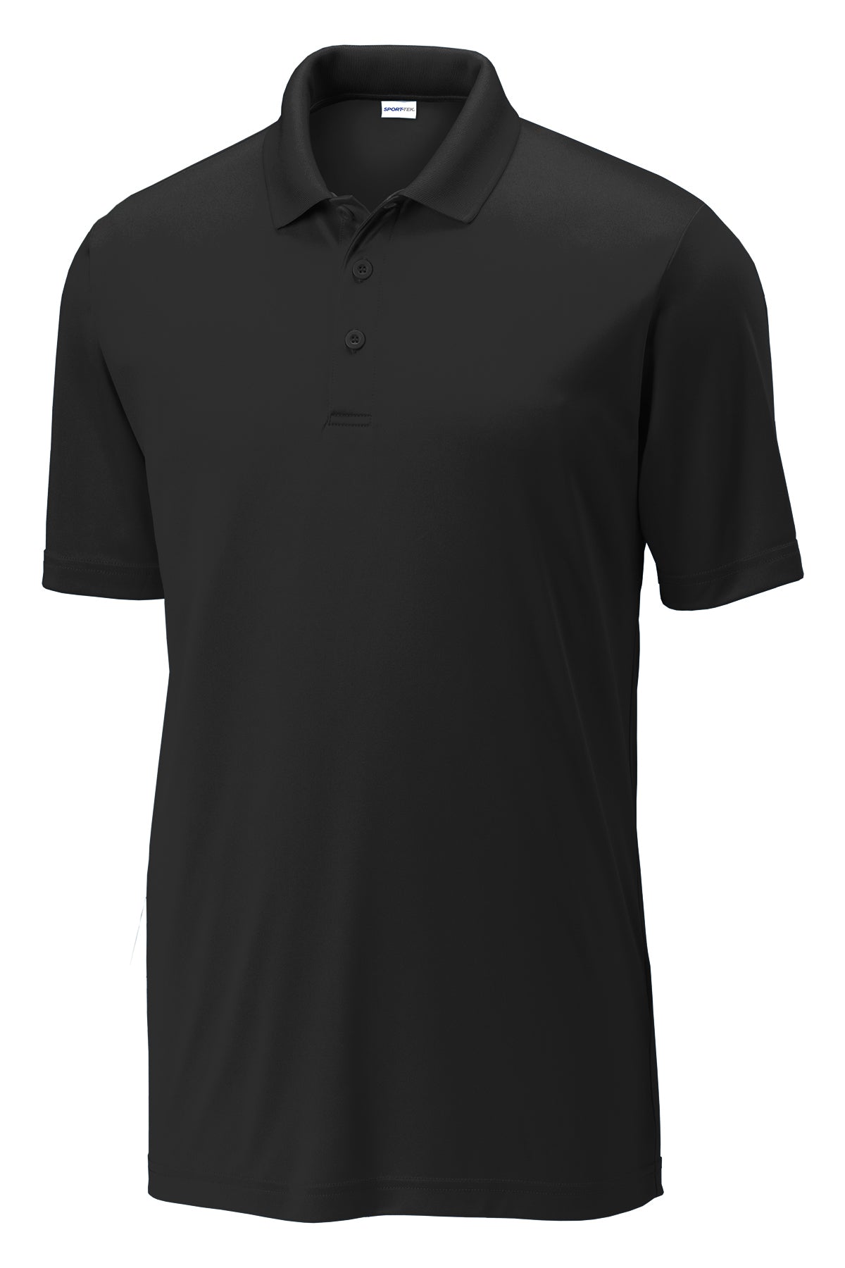 Black moisture-wicking men's polo shirt featuring a flat knit collar, three-button placket, and open hem sleeves.