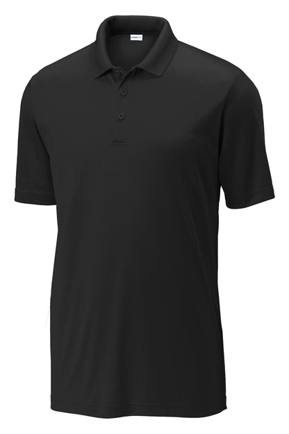 Black moisture-wicking men's polo shirt featuring a flat knit collar, three-button placket, and open hem sleeves.