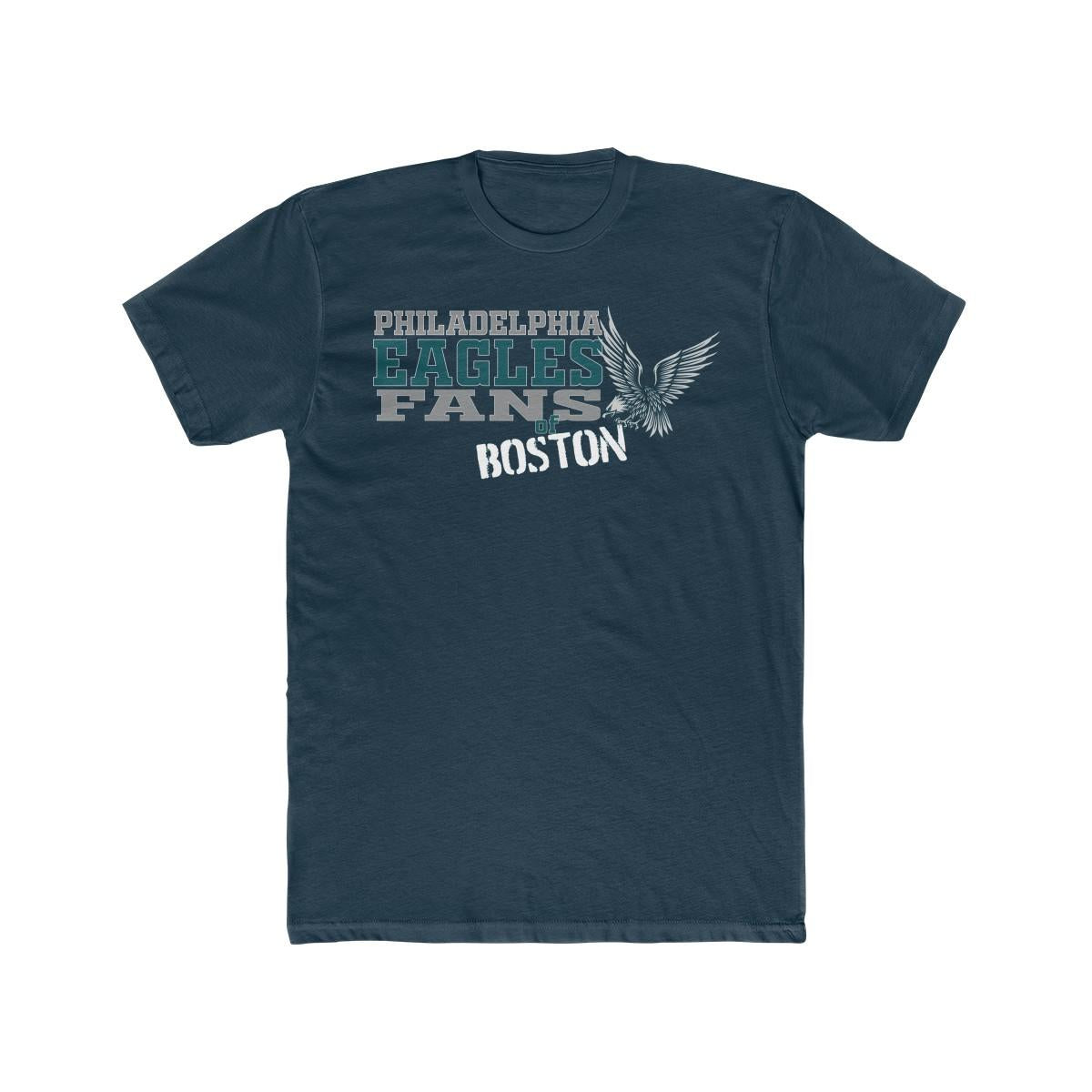 Dark blue cotton crewneck t-shirt featuring a Philadelphia Eagles fans of Boston graphic with an eagle stamp design.