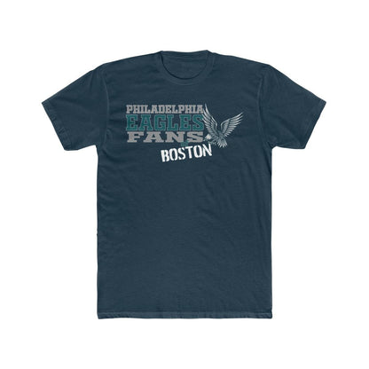 Dark blue cotton crewneck t-shirt featuring a Philadelphia Eagles fans of Boston graphic with an eagle stamp design.