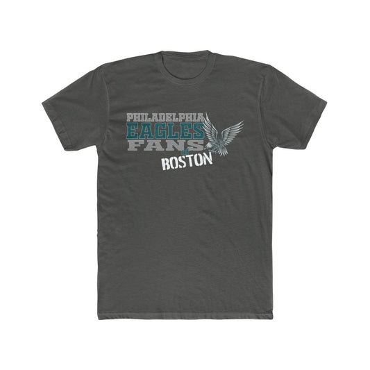 Dark grey cotton crewneck t-shirt featuring a Philadelphia Eagles fans of Boston graphic with an eagle stamp design.