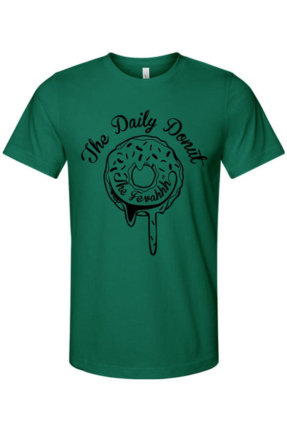 Forest green cotton t-shirt featuring a black graphic of a dripping donut with The Daily Donut text.