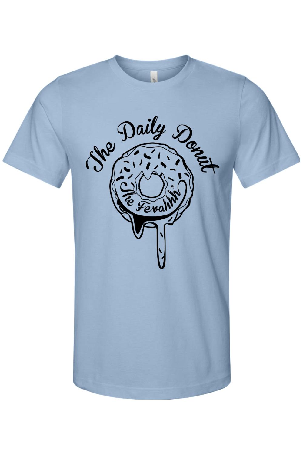 Light blue cotton crewneck t-shirt featuring a black graphic of a dripping donut with The Daily Donut text.