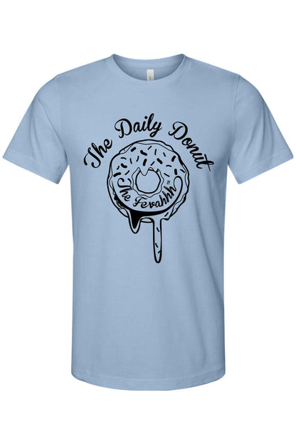 Light blue cotton crewneck t-shirt featuring a black graphic of a dripping donut with The Daily Donut text.