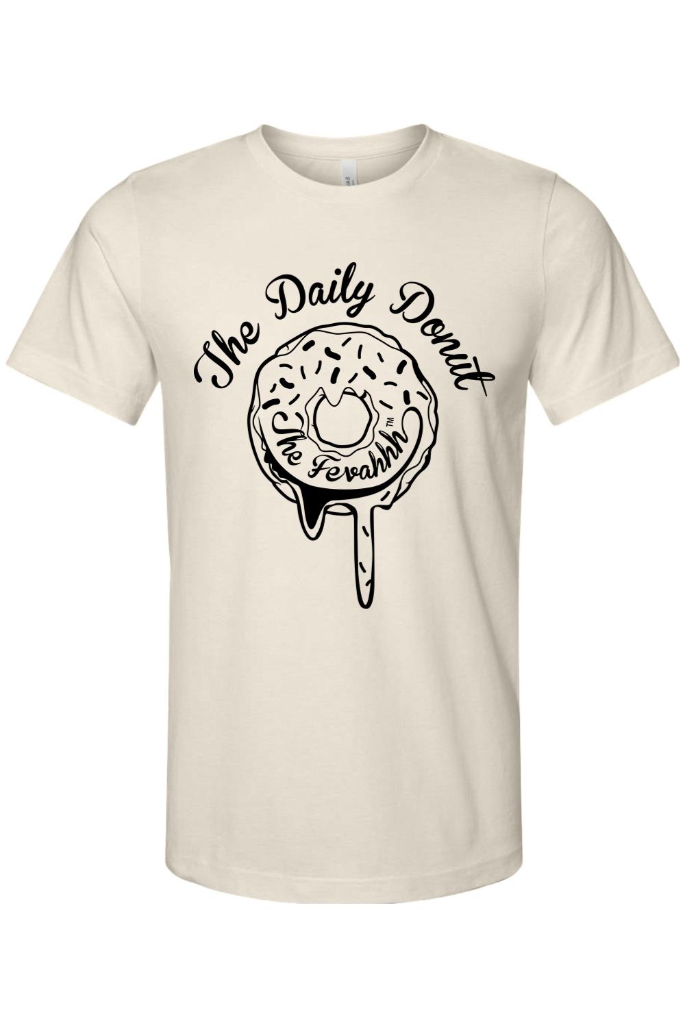 Cream-colored cotton unisex t-shirt featuring a black graphic of a dripping donut with The Daily Donut text.