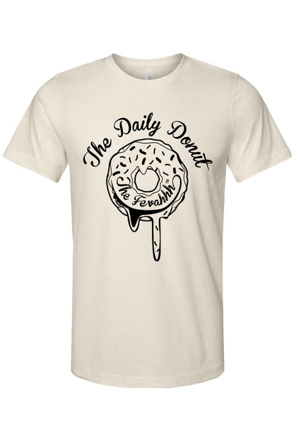 Cream-colored cotton unisex t-shirt featuring a black graphic of a dripping donut with The Daily Donut text.