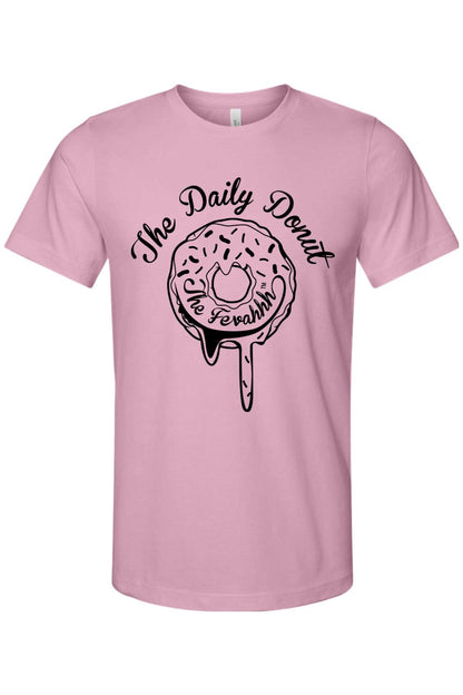 Light pink cotton unisex t-shirt featuring a black graphic of a dripping donut with The Daily Donut text.
