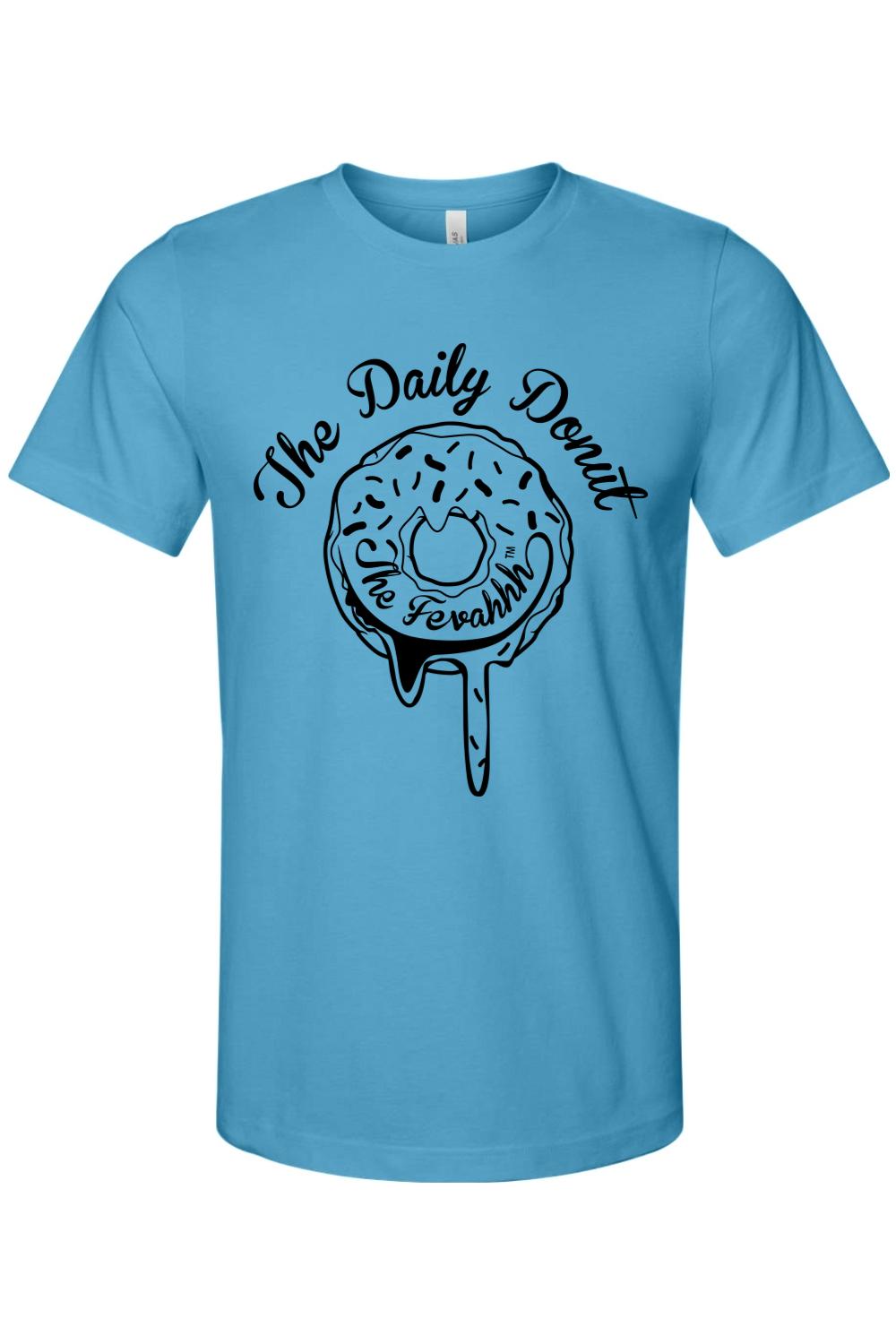 Light blue cotton crew neck t-shirt featuring a black graphic of a dripping donut with The Daily Donut text.