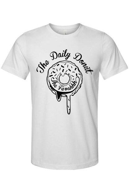 White cotton unisex t-shirt featuring a black graphic of a dripping donut with The Daily Donut text.