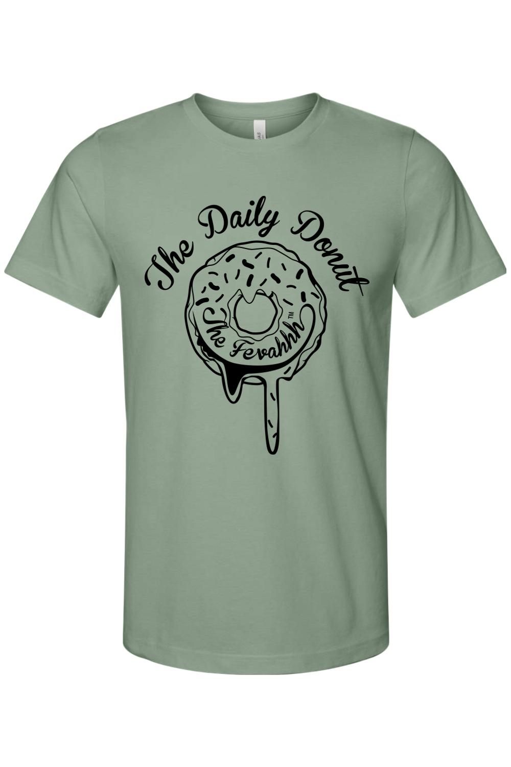 Sage green cotton unisex t-shirt featuring a black graphic of a dripping donut with The Daily Donut text.