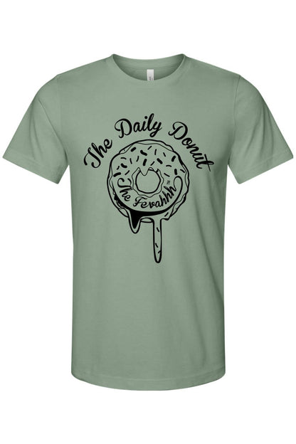 Sage green cotton unisex t-shirt featuring a black graphic of a dripping donut with The Daily Donut text.