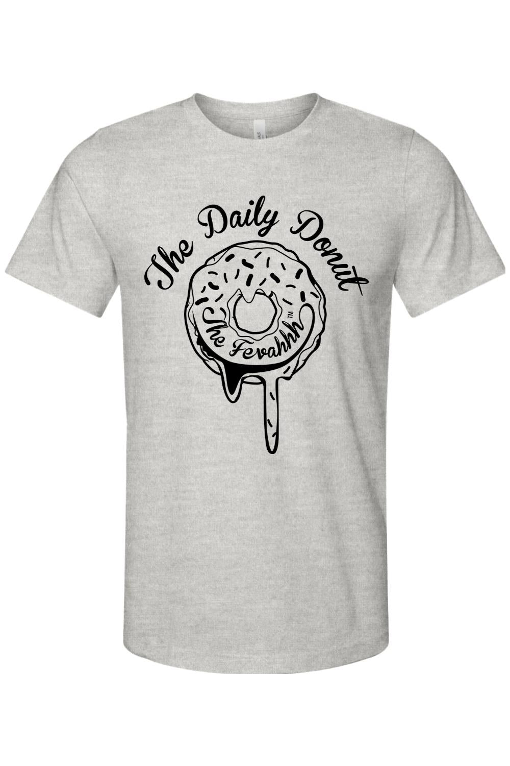 Grey cotton unisex t-shirt featuring a black graphic of a dripping donut with The Daily Donut text.