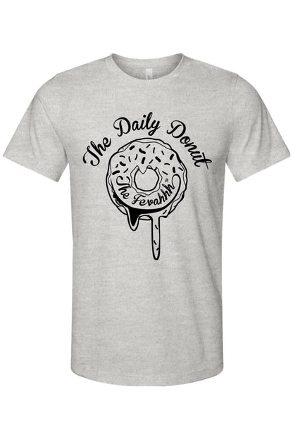 Grey cotton unisex t-shirt featuring a black graphic of a dripping donut with The Daily Donut text.