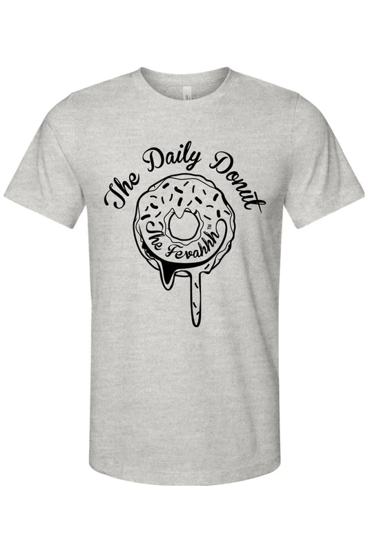 Grey cotton unisex t-shirt featuring a black graphic of a dripping donut with The Daily Donut text.