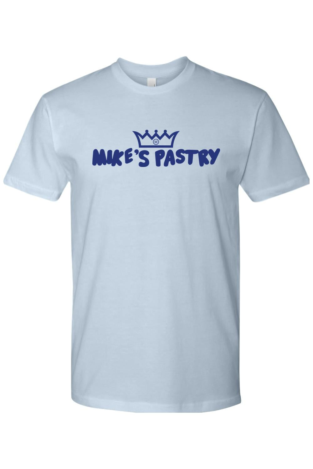 Light blue 100% cotton men's t-shirt featuring the iconic navy blue Mike's Pastry logo and crown graphic.