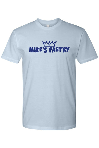 Light blue 100% cotton men's t-shirt featuring the iconic navy blue Mike's Pastry logo and crown graphic.