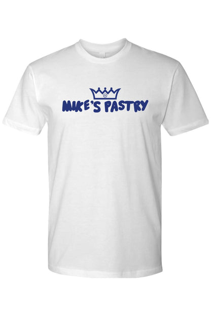 White 100% cotton men's t-shirt featuring the blue Mike's Pastry logo and crown graphic on the chest.