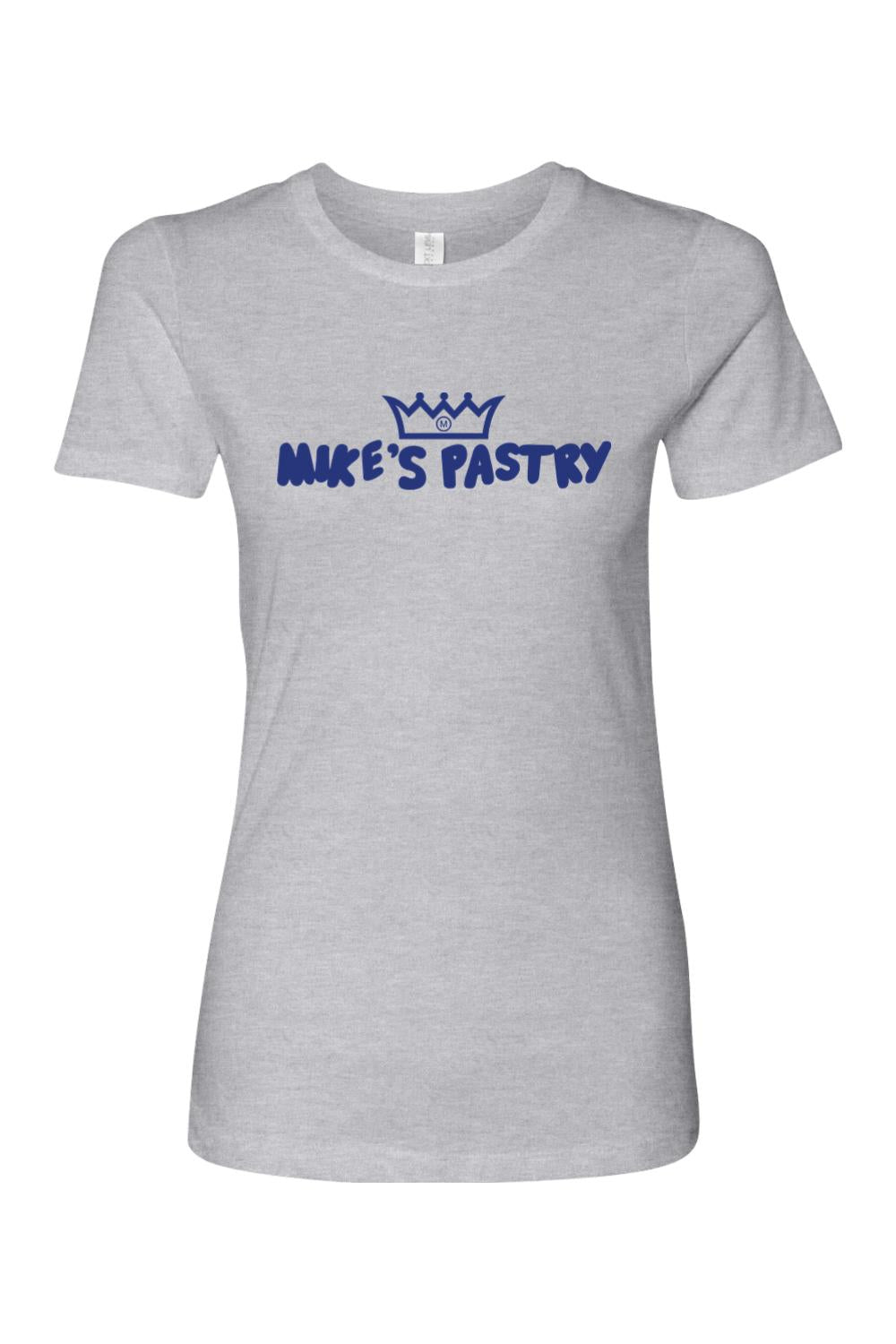Women's heather gray 100% cotton t-shirt featuring a blue Mike's Pastry crown logo on the chest.