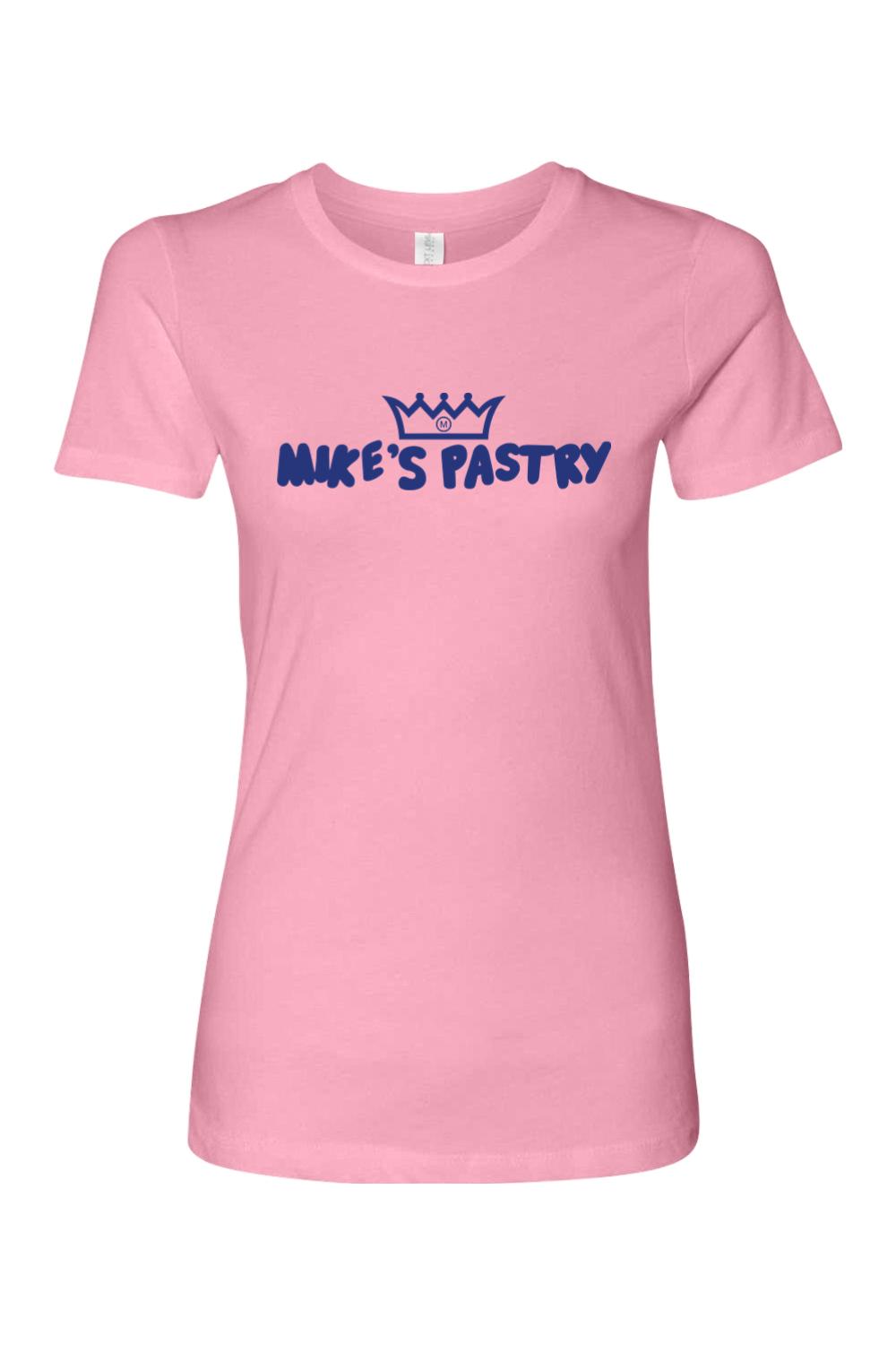 Women's soft pink 100% cotton t-shirt featuring a blue Mike's Pastry logo with a crown icon on the chest.