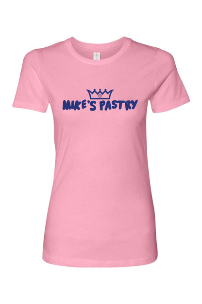 Women's soft pink 100% cotton t-shirt featuring a blue Mike's Pastry logo with a crown icon on the chest.